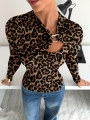 Siren Gaze Elegant Women\\\'s Leopard Print Soft Asymmetric Drape Hollow Metal Buckle Long Sleeve T-Shirt - Winter Casual & Dres