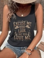 Vintage Western Style Women Tank Top With Slogan Print, Summer Casual