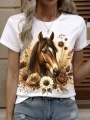 LUNE Women\\\'s Horse Pattern Printed Short Sleeve Crew Neck T-Shirt, Summer Graphic Tees Women Tops | Lotusrite.com