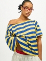 SUMWON WOMEN Off Shoulder Striped Top Casual Summer Fashion Oversized Loose Fit Boxy Short Sleeve Pullover Bold Street Style | L