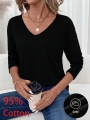 LUNE Women\\\'s Casual Minimalist Regular 95% Cotton V-Neck Long Sleeve T-Shirt, Suitable For Autumn/Winter,Black Top Long Sleev