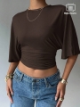 Aloruh Casual Solid Color Batwing Sleeve Cropped T-Shirt, Summer,Brown Top Formal Occasion, Special Occasion Re-Wearable Butterf