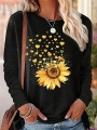 INAWLY Women\\\'s Sunflower Print Round Neck Long Sleeve Blouse Graphic Tees Women Tops For Spring Fall | Lotusrite.com