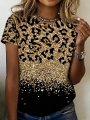 Leopard Gradient Print T-Shirt, Holiday Gift, Happy New Year T-Shirt For Women, Casual Women\\\'s Round Neck Short Sleeve T-Shir