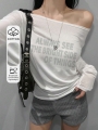 DAZY Off-Shoulder Letter Print Long Sleeve Cropped T-Shirt For Women | Lotusrite.com