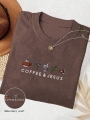 Airaco Coffee Beans Embroidery Graphic Round Neck Women T-Shirt | Lotusrite.com