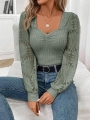 Frenchy Women Casual Jacquard Patchwork Long Sleeve Blouse, Autumn Winter Green Christmas Spring
