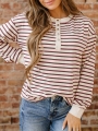 Acelitt Spring Casual Women\\\'s Red Dahlia Striped Printed Off Shoulder Long Sleeved Henley Top | Lotusrite.com