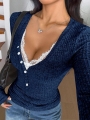 Zielony ChicEase Women's Casual Knitted V-Neck Lace Patchwork Button Decorated Long-Sleeved Autumn And Winter Top Dark Blue