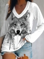 3d Digital Wolf Printed Long Sleeve V-Neck T-Shirt Casual Spring | Lotusrite.com