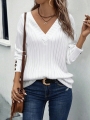 EMERY ROSE Women's Solid Color Ribbed V-Neck Dropped Shoulder Long Sleeve Casual Loose T-Shirt