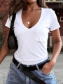 Women V-Neck Solid Color T-Shirt, Fashionable For Summer Casual White | Lotusrite.com