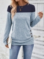 EMERY ROSE Women Color Block Round Neck Button Casual Versatile Long Sleeve T-Shirt Women Tops For Spring Fall