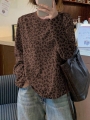 DAZY Women's Leopard Print Round Neck Loose Casual Long Sleeve T-Shirt,Fall Clothes