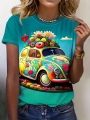 INAWLY Summer Round Neck Car Print Tee Graphic Tees Women Tops | Lotusrite.com