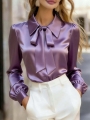 Women\\\'s Elegant Purple Satin Long Sleeve Blouse With Bow Tie Collar And Buttons, Regular Fit, Polyester Fabric | Lotusrite.co