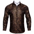 Barry.Wang Gold Paisley Bright Silk Shirts Men Autumn Long Sleeve Casual Flower Shirts For Men Designer Fit Dress Shirts BCY 07|