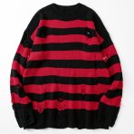 Striped Sweaters Women Punk Unisex Sweater Autumn Hollow Out Hole Broken Jumper Loose Oversized Pullouvers Harajuku Streetwear|P