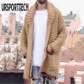 Autumn Winter Men's Cardigan Sweater Coat Knitted Medium Length Long Sleeve Lapel Pocket Solid Thicken Warm Sweater Casual C