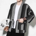 #4310 Striped Cotton Linen Kimono Coat Vintage Open Stitch Plus Size 5XL Mens Jackets And Coats Black/White Kimono Cardigan Men|
