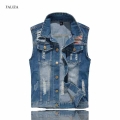 FALIZA New Men Hole Design Mens Denim Jeans Vest Vintage Jeans Sleeveless Jacket Men Frayed Blue Jeans Vest MJ 103|Vests & W