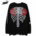 Autumn Oversized Sweater Men Vintage Skeleton Print Knitted Sweater Unisex Cotton Loose Pullover Ripped Design Long Sleeve Tops|