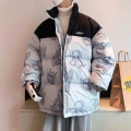 Bear Print Padded Jacket Men Streetwear Stand Collar Warm Outwear 2021 Winter New Korean Style Couple Oversize Thicken Parkas|Pa