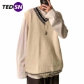 2021SS Harajuku Asymmetry Embroidered Sleeveless Vest Sweater Knitted Streetwear Unisex Retro Men Knit V Neck Pullover Sweaters|