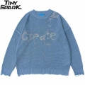 Knitted Sweater Hip Hop Streetwear Harajuku Spider Letter Print Ripped Pullover Cotton Casual 2021 Men Autumn Sweater Black Blue