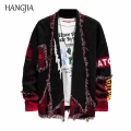 Hip Hop Colorblock Tassel Cardigan Sweater Harajuku Streetwear Patch Cardigans Outwear Men Raw Edges Plaid Knitted Sweaters|Card