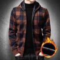 Cardigan Men Korean Cardigan With Hooded Plaid Pattern Vintage Style Sweater Coat Men Hooded Fleece Sweater Jacket Warm Thick|Ca