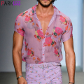 Floral Transparent Lace Sheer Shirt Men 2020 Sexy See Through Mens Dress Shirts Casual Short Sleeve Party Beach Holiday Chemise|