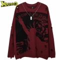 Hip Hop Streetwear Tops Destroyed Pullovers Knitwear for Men Oversized Statue of Victory Print Knitted Sweaters with Chain Men|P