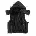 Techwear Ribbons Hip Hop Men's Vest Jackets Coats Hooded Multi Pocket Waistcoat Japanese Tooling Casual Tactical Outerwear T