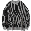 Japanese Harajuku Vintage Sweater Winter Zebra Striped Round Neck Pullovers Knitted Couples Hip Hop Loose Fashion Sweaters Tops|