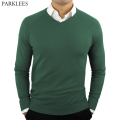 Green Mens V Neck Sweater 2021 New Slim Fit Solid Color Lightweight Knitted Pullover Sweaters Mens Breathable Soft Pull Homme|Pu