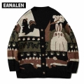 Harajuku rabbit animal graphic oversized sweater street wear vintage contrast color jumper knitted cardigan men's winter jac