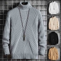 New Winter Mens Casual Turtleneck Pullover Men's Long Sleeve Striped Sweater Korean Style Fashion Warm Knitted Sweater|Pullo