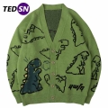 TEDSN Oversize Cardigan Dinosaur Men Knitted Sweater Streetwear Loose Male Women Top Coat 2021 Doodle Hip Hop Pattern Winter|Pul