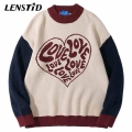 LENSTID Men Hip Hop Knitted Jumper Sweaters Cute Heart Letter Print Patchwork Streetwear Harajuku Autumn Casual Loose Pullovers|
