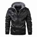 2021 New Mens Outwear Bomber Vintage Autumn Black PU Leather Casual Jacket Slim Fit Motorcycle Biker Coats Removable Hood|Faux L