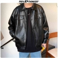 Hybskr Black Soft Faux Leather Motorcycle Jacket Solid Color Mens Hip Hop Coat Male Oversize Streetwear Fashion Mens Clothing|Fa