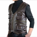 Cowhide Genuine Leather Vest Men Brown Waistcoat Male Sleeveless Jacket Thick High Quality Motorcycle Vest Multi Pocket Zipper|V