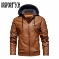 URSPORTTECH Winter Men's PU Leather Jackets Mens Fleece Coats Casual Outwear Motorcycle Hooded Jacket Windbreaker Biker Jack