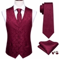Red Vest for Men Slim Suit Vest V Neck Waistcoat Silk Paisley Tie Set Handkerchief Cufflinks Necktie for Wedding Barry.Wang|Vest