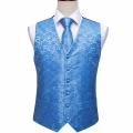 Blue Suit Vest for Men Silk Waistcoat Plaid Tie Set Handkerchied Cufflink Checked Bowtie Elastic Suspender Cummerbund Barry.Wang