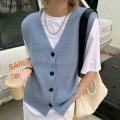 Women Autumn Winter 2021 Sleeveless Waistcoat Knitted Cardigan Sweater Vest Solid Knit Cardigans Loose Cashmere Vest Tops 16658|