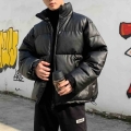 Hybskr Thicken Solid Color Mens Parkas Oversized Warm Winter Leather Coats Harajuku Fashion Male Loose Cotton Padded Jackets|Par