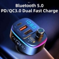 Car Bluetooth 5.0 Fm Transmitter Car Mp3 Player U Disk Music Car Charger Type-c Pd Qc3.0 Fast Charging 7 Color Ambient Light - F