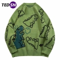 TEDSN 2021 Casual Tops Green Harajuku Knitted Sweater Men Pullover Streetwear Cartoon Dinosaur Graphic Sweater Male Clothing|Pu